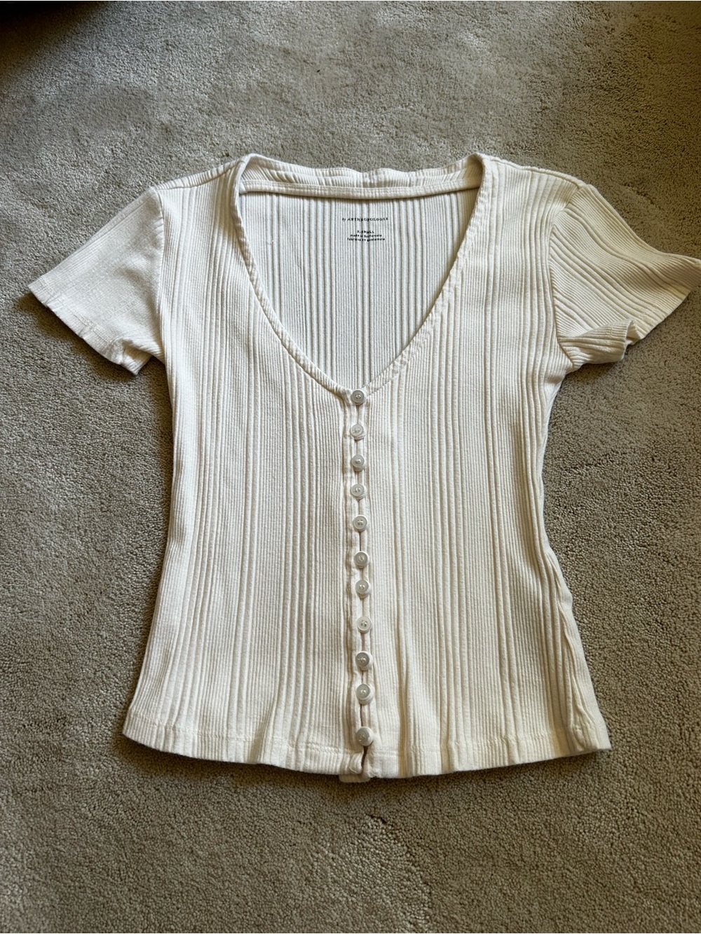 Anthropologie Cream Ribbed Button-Front Short Sleeve Top
